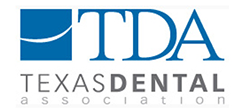 The image features a logo with the acronym TDA in bold blue letters on a white background, followed by the words Texas Dental Association in smaller black font. The logo is accompanied by a graphic element resembling a stylized toothbrush or dental tool, colored in shades of blue and white.